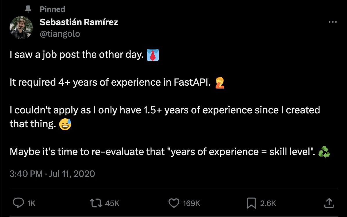 FastAPI author had less experience in FastAPI than required